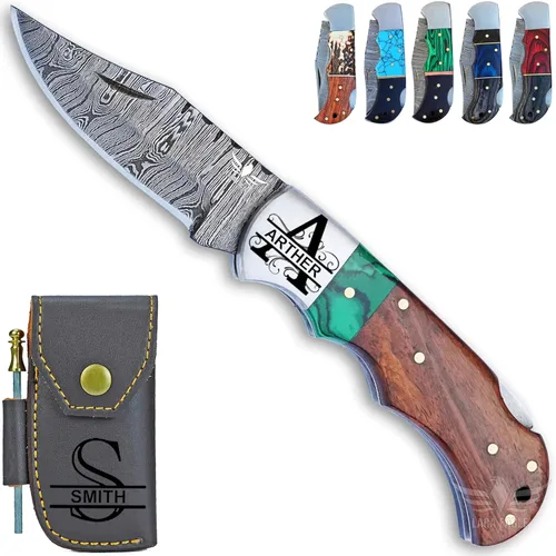 Miniatura 11 de Cuchillo de bolsillo de damasco personalizado para hombres - Cuchillo plegable de caza de acero sólido de 133 capas hecho a mano con afilador y azul