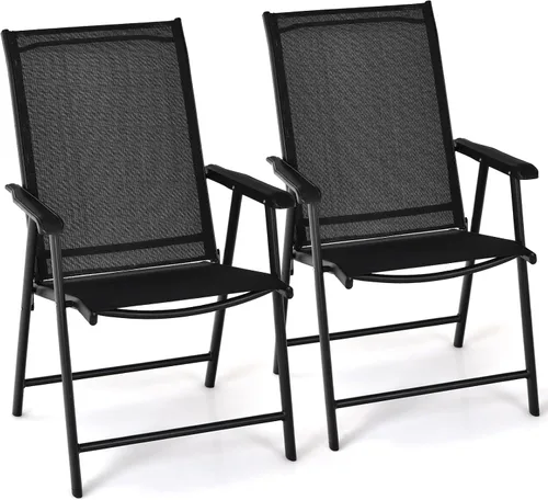 Tangkula Juego de 2 sillas plegables para patio, sillas de comedor de tela para exteriores con respaldo alto y reposabrazos, marco de metal Negro
