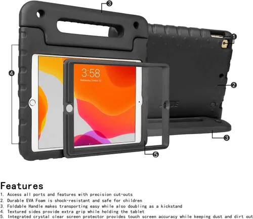 Miniatura 7 de HDE Funda para iPad de 9ª generación de 10.2 pulgadas para niños con protector de pantalla integrado a prueba de golpes con soporte de asa para Negro