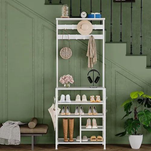 Miniatura 4 de GiftGo Estante de madera moderno de 5 niveles con 9 ganchos de metal movibles, organizador de almacenamiento para el hogar, oficina, dormitorio