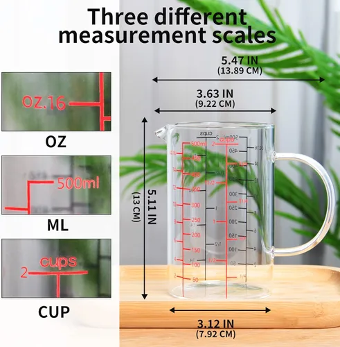 Miniatura 5 de 77L Taza medidora de vidrio, [escala de medición doble cara, mango aislado, pico en forma de V], taza medidora de vidrio de borosilicato alto