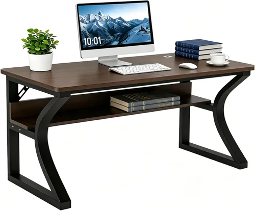 Miniatura 11 de Escritorio para computadora de 47 pulgadas, escritorio de oficina en casa con estante de almacenamiento, mesa de estudio resistente con marco