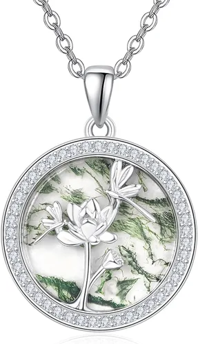 TANGPOET Sterling Silver Lotus Flower Frog Dragonfly Necklaces Natural Green Moss Agate Pendant Jewelry Gifts for Women Teen Girls with 18"+2" Chain