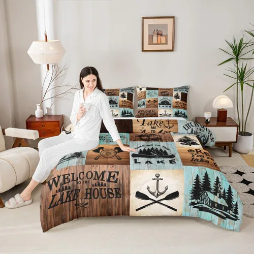 Miniatura 19 de Juego de edredón Lake House tamaño Twin, juego de ropa de cama náutica de navegación con ancla de 2 piezas para decoración de habitación de niños