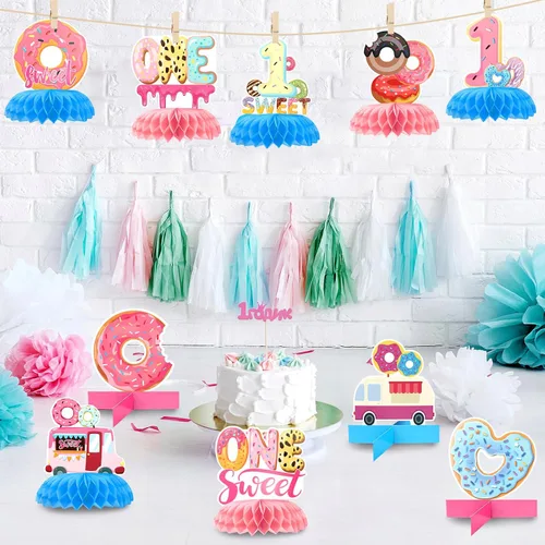 Miniatura 5 de 10 piezas de decoración de fiesta de cumpleaños de un año, primera mesa de donas, centros de mesa de panal de abeja, decoraciones de primer