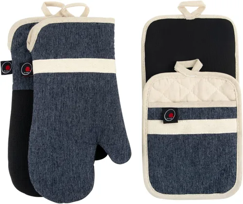Juego de guantes de horno y soportes para ollas, 4 piezas de guantes de horno de cocina resistentes al calor de 400 °F para cocina, guantes de horno