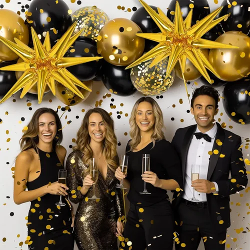 Miniatura 6 de RUBFAC 140 piezas Globos negros y dorados, globos de látex con confeti de estrella en negro y oro metálico de 5, 10, 12, 18 pulgadas para 2026, Año