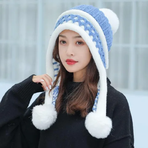 Miniatura 5 de HUAMULAN Gorro de invierno para mujer, con orejeras, con solapas, sherpa, esquí, nieve, forro polar, 3 pompones