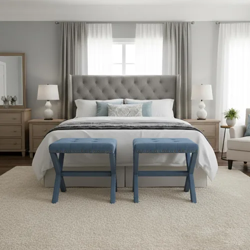 Miniatura 9 de AC Pacific Modern Chic - Taburete tapizado con tela de lino suave, ribete de cabeza de clavo, asiento copetudo y marco de madera maciza, 17 pulgadas