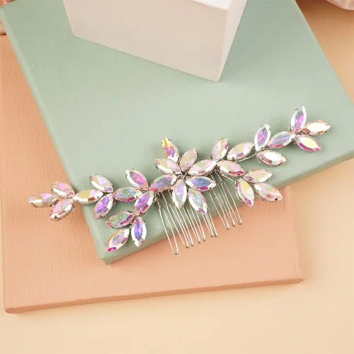 Miniatura 2 de Kercisbeauty Peine para el pelo de cristal AB para boda nupcial, pedazo de pelo de diamantes de imitación transparentes para mujeres y niñas