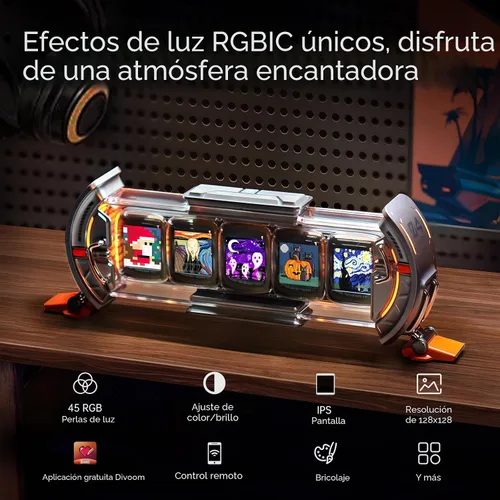 Miniatura 4 de Divoom Times Gate - Reloj de alarma digital de configuración de juego Cyberpunk, aplicación inteligente, conexión WiFi, pantalla LED RGB, panel Plata
