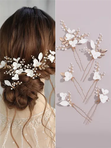 Miniatura 2 de Horquillas de perlas con cuentas, 6 piezas, tocado de novia hecho a mano, flor 3D en forma de uña, hada, novia, piezas de cabello para boda, hoja