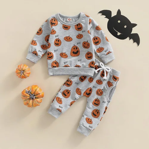Miniatura 2 de Halloween Baby Boys Girls Clothes Sets 2pcs Pumpkin Letter Printed Long Sleeve SweatshirtPants 0-3Y