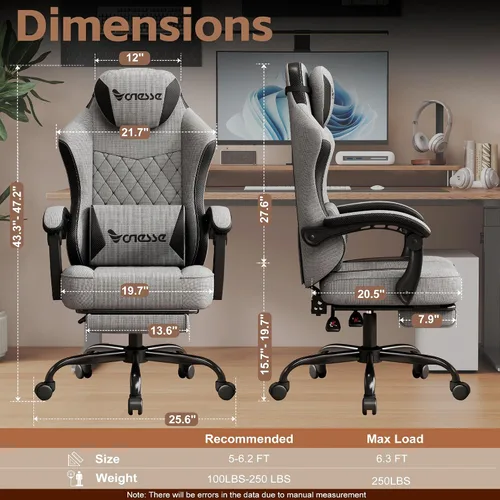 Miniatura 2 de Silla de juego Vonesse, silla de computadora de tela con cojín de resorte de bolsillo, silla de oficina con reposapiés y soporte lumbar de masaje