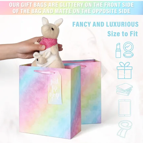 Miniatura 2 de Paquete de 4 bolsas de regalo con asas, bolsas de regalo de tamaño mediano degradado con purpurina con papel de seda, bolsa colorida de regalo