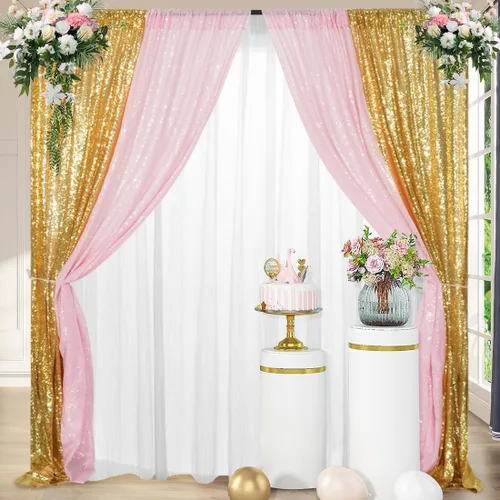 Miniatura 26 de Juya Delight 2 cortinas de lentejuelas doradas de 2 x 8 pies, telón de fondo de fotos con purpurina para fiestas, cumpleaños, bodas, decoración