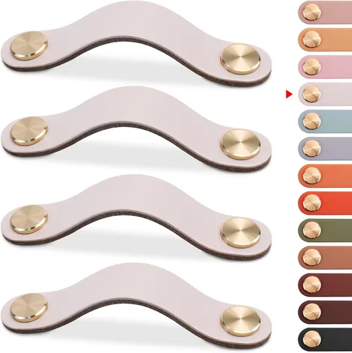 Miniatura 12 de Paquete de 4 tiradores de cuero para cajones, color beige, pomos de puerta de armario de 3.7 pulgadas, tiradores de piel sintética para tocador
