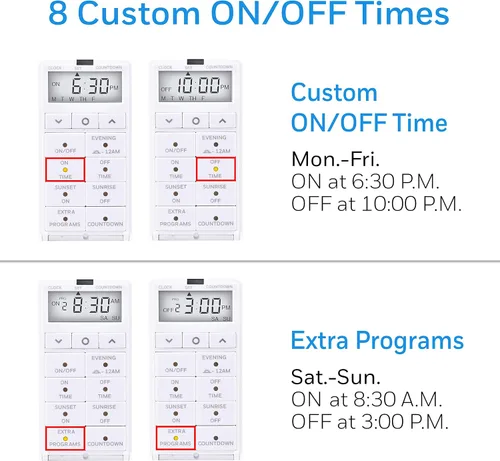 Miniatura 6 de UltraPro Daysmart Temporizador digital de 7 días de pared, ajustes programables, ajustes preestablecidos/cuenta regresiva, anulación, salida/puesta
