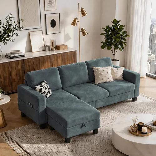 Miniatura 7 de Sofá modular de 78 pulgadas para sala de estar, sofá azul en forma de L con otomana de almacenamiento, asiento profundo, juego de sofá de tela