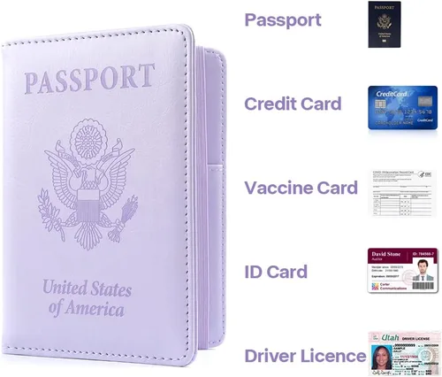 Miniatura 6 de Soporte para pasaporte y tarjetero de vacuna, cartera para pasaporte, funda para pasaporte con bloqueo RFID, Púrpura, Compacto