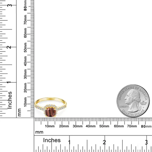 Miniatura 3 de Gem Stone King Anillo de oro amarillo de 10 quilates con cojín de ojo de tigre rojo GH cultivado en laboratorio con diamantes cultivados