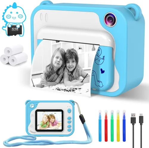 Cámara para niños con impresión instantánea, video de 1080P, tarjeta SD de 32 GB, juguete para niños, regalos de cumpleaños de Pascua para niños y