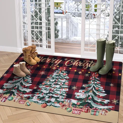 Miniatura 11 de U'Artlines Tapete de Navidad para puerta delantera, 32 x 48 pulgadas, vintage, de invierno, resistente a la suciedad, tapete de goma antideslizante