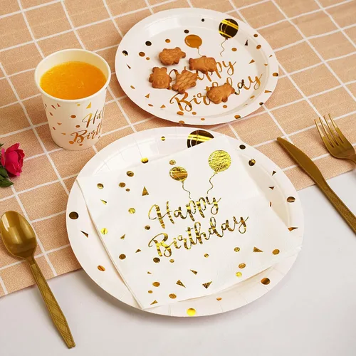 Miniatura 4 de 200 piezas de suministros para fiesta de cumpleaños blancos y dorados, juego de vajilla desechable para feliz cumpleaños, tenedores, cuchillos