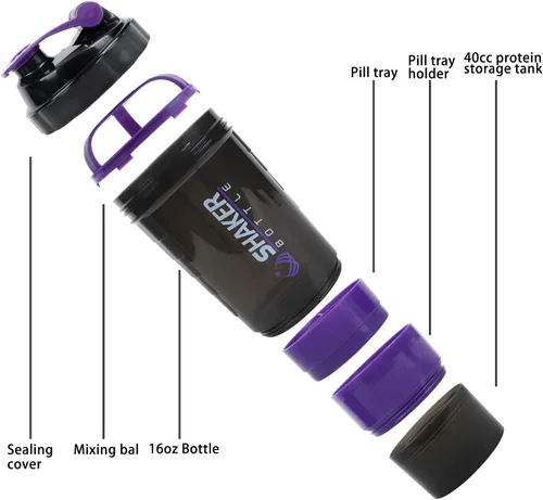Miniatura 2 de Shaker Bottle - Vaso agitador de proteínas con compartimentos de almacenamiento - Botellas de entrenamiento a prueba de fugas con mezclador para una