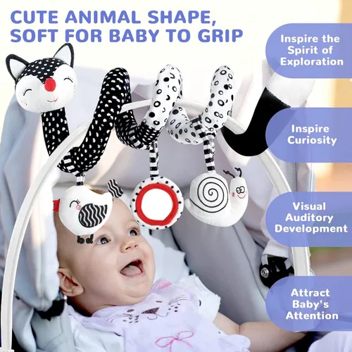 Miniatura 6 de XIXILAND Juguetes de peluche en espiral para bebé, juguetes de asiento de coche en blanco y negro, juguete de alto contraste para bebés recién