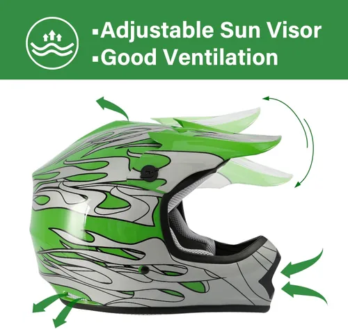 Miniatura 3 de TCT-MOTORPARTS - Casco para niños o jóvenes con lentes y guantes, modelo de llama verde, aprobado por el DOT, para motocross, cuatrimoto, bicicleta
