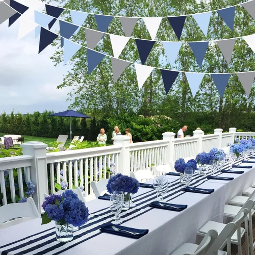Miniatura 6 de Decoraciones de fiesta azul profundo de 32 pies, bandera triangular real, banderines de tela para boda, cumpleaños, Ahoy, Achor, pirata náutico