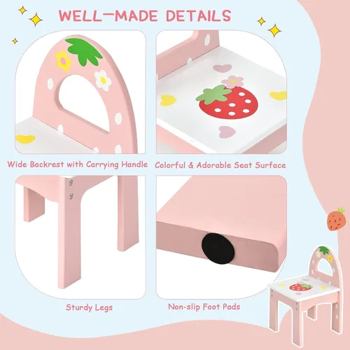 Miniatura 4 de Olakids Juego de tocador y silla de madera de fresa rosa 2 en 1 para niños pequeños con espejo de tres pliegues, taburete, cajones