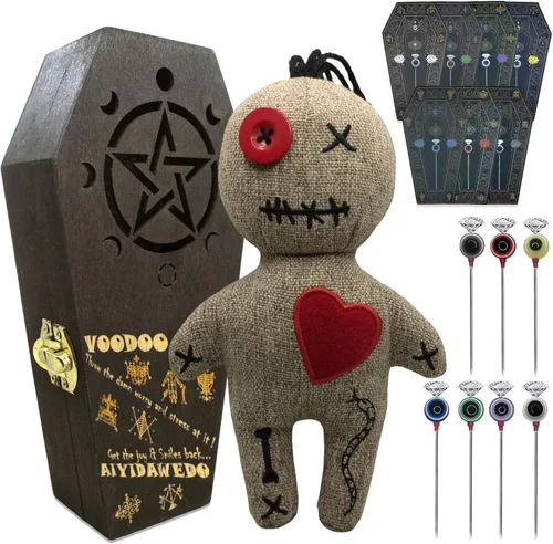 Ayidawedo® Kit auténtico de muñeca vudú LOA incluye cartas de hechizos y alfileres para aliviar el estrés en caja de ataúd de madera - Juego