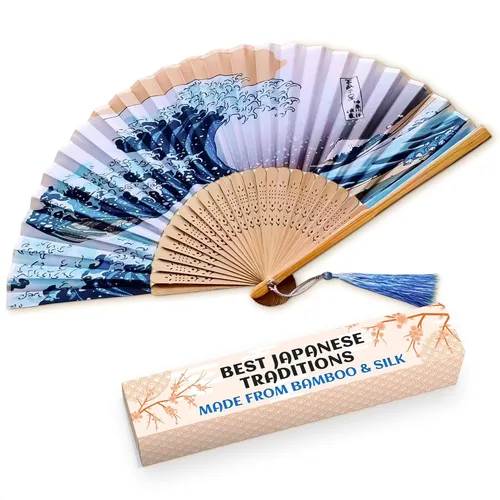 Miniatura 10 de Abanico japonés de seda, ventilador plegable de mano de bambú para mujer, paisaje de montaña japonés, abanicos vintage de 14.5 x 8.2 pulgadas