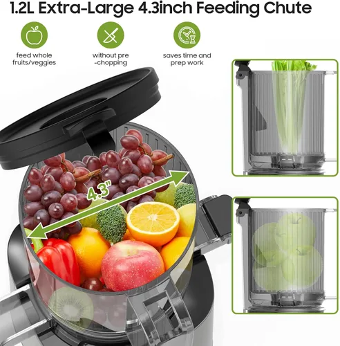 Miniatura 2 de Exprimidor de prensa en frío, máquina exprimidora lenta fácil de limpiar, exprimidor de alimentación automática con canal de alimentación grande
