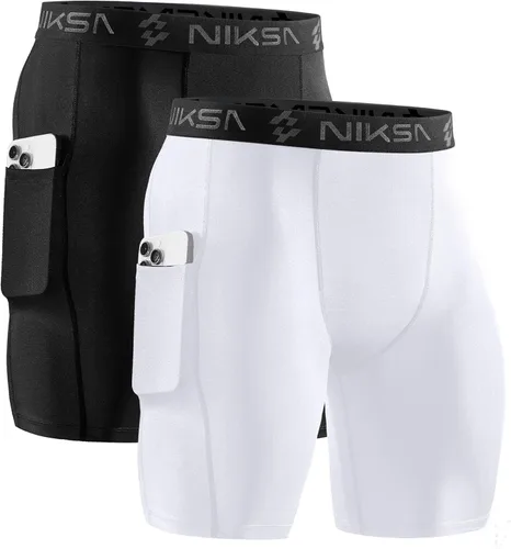 Miniatura 18 de Niksa Paquete de 2/4 pantalones cortos de compresión para hombre con bolsillo, pantalones cortos de elastano para correr, deportes, atletismo