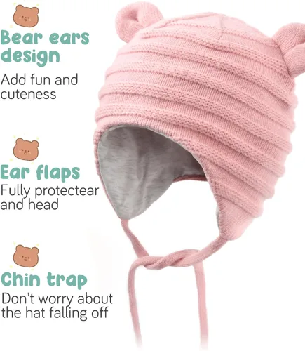 Miniatura 3 de FURTALK Gorro de invierno para bebé, con orejas de oso para niños y niñas, forro de algodón, gorro de punto
