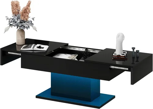 Miniatura 6 de Mesa de café negra moderna con almacenamiento oculto para sala de estar, mesa central rectangular de sala de estar con tapa deslizante y luces LED