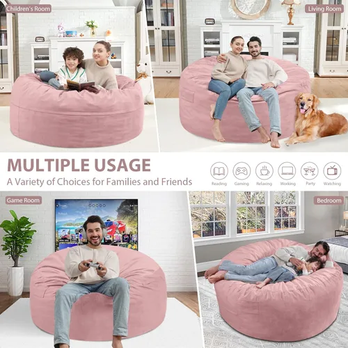 Miniatura 315 de Puf de 5 pies, puf grande con relleno de espuma viscoelástica, sofá puff esponjoso con funda de terciopelo holandés, puf redondo para sala de estar