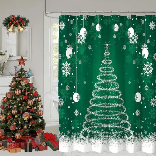 Miniatura 12 de Cortina de ducha de Navidad, cortinas de ducha azules con copos de nieve de Navidad para decoración de baño, cortina de ducha azul de vacaciones