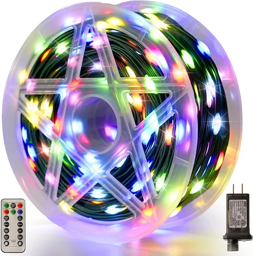 Miniatura 12 de Luces de Navidad 600 LED de 196 pies, IP67 impermeables, luces para árbol de Navidad con 8 modos, tira de luces para exteriores con temporizadores