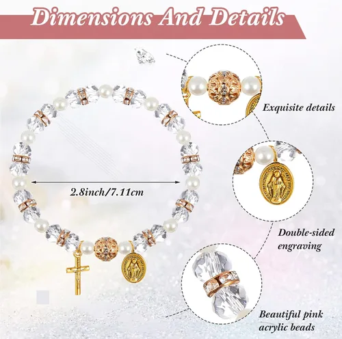 Miniatura 2 de Taiyin Rosary Bracelet Bulk with Mesh Bags, White Religious Rosary Bead Bracelet Catholic Bracelets, Baptism First Communion Gifts for Women