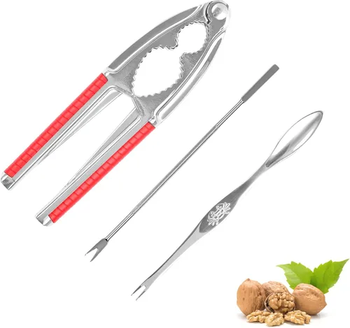 Nut Crackers - Galleta de nuez de alta resistencia, con mango antideslizante rojo, con 2 tenedores/púas