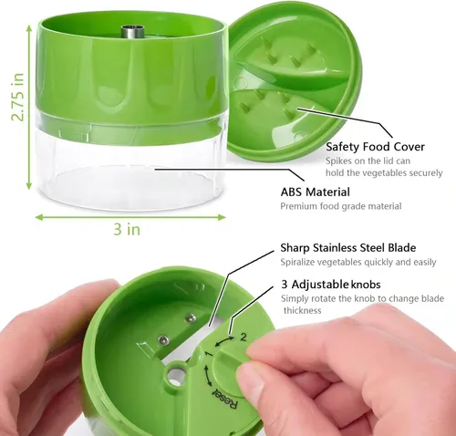 Miniatura 3 de Cortador espiralizador de verduras 3 en 1, máquina ajustable de fideos de zanahoria y calabacín, cortador en espiral de pepino, herramienta de Verde