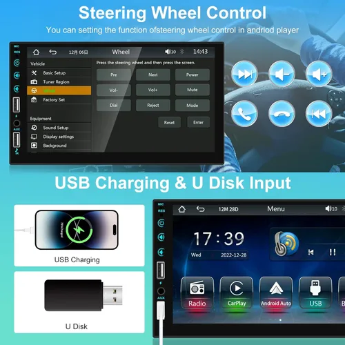 Miniatura 6 de Estéreo HD de 7 pulgadas con pantalla táctil DIN individual - Carplay y Android Auto, radio de coche de 1 DIN con Bluetooth, enlace de espejo, radio