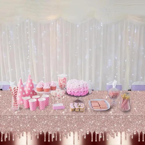 Miniatura 5 de 3 piezas de manteles de plástico con lentejuelas de color oro rosa para fiestas de cumpleaños, con estampado de diamantes de purpurina, fondo
