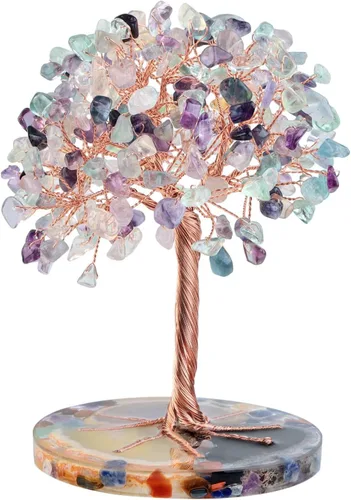 Miniatura 11 de Nupuyai Árbol de dinero de piedra de cristal aguamarina envuelto en rodajas redondas de ágata orgónica, árbol de la vida, bonsái de Feng Shui