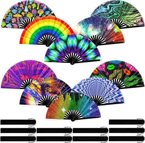 Miniatura 9 de Pinkunn 10 ventiladores plegables de mano con varillas de bambú y estuche para festivales, manualidades, rave, arco iris, para regalos de fiesta