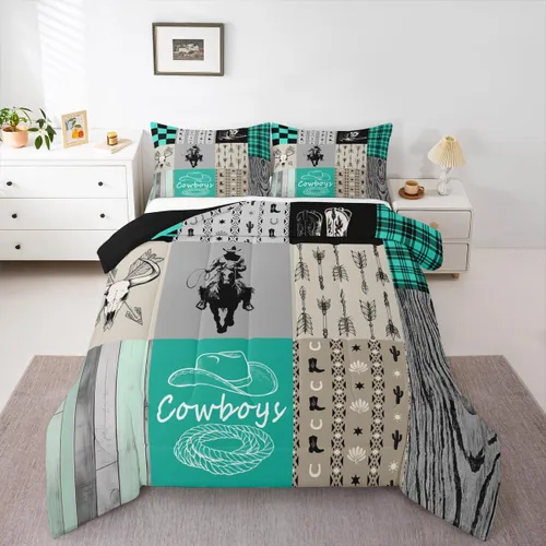 Miniatura 42 de Juego de edredón de vaquero, tamaño King, juego de ropa de cama de herradura con estrellas del oeste de Texas para adultos, hombres y niños, ropa